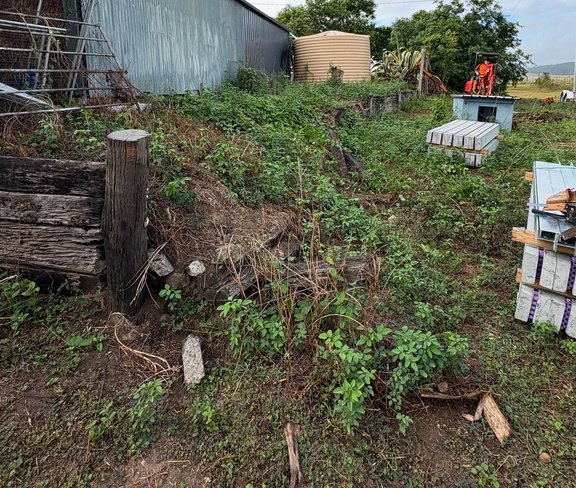 Overgrown sloping ground and a collapsing timber wall beside a shed, before works